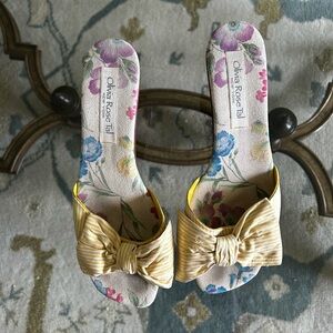 Olivia Rose Tal Yellow Striped Silk Bow Slide Mules